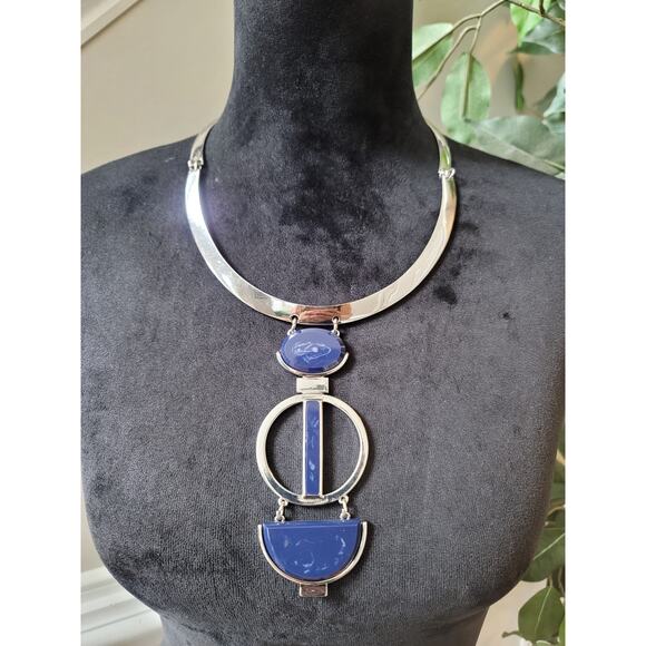 Chico's Women Silver Tone Statement Necklace With Blue Geometric Lobster Lock - Picture 1 of 8